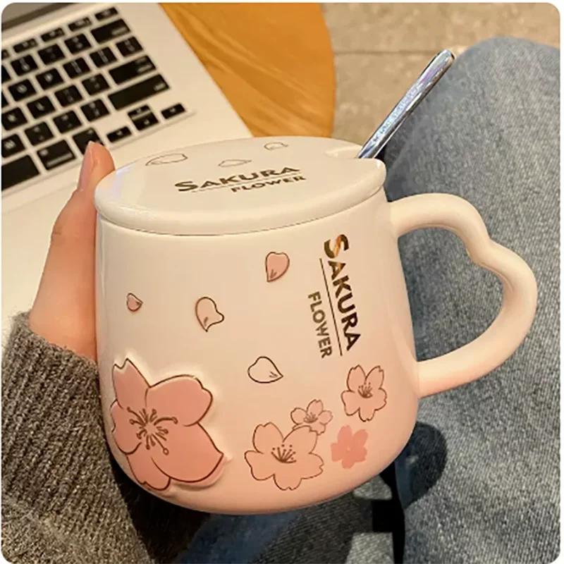 New High Beauty Mug with Lid Spoon Sakura Powder Household Lovely Breakfast Lovers Milk Coffee Mug Ceramic Mug