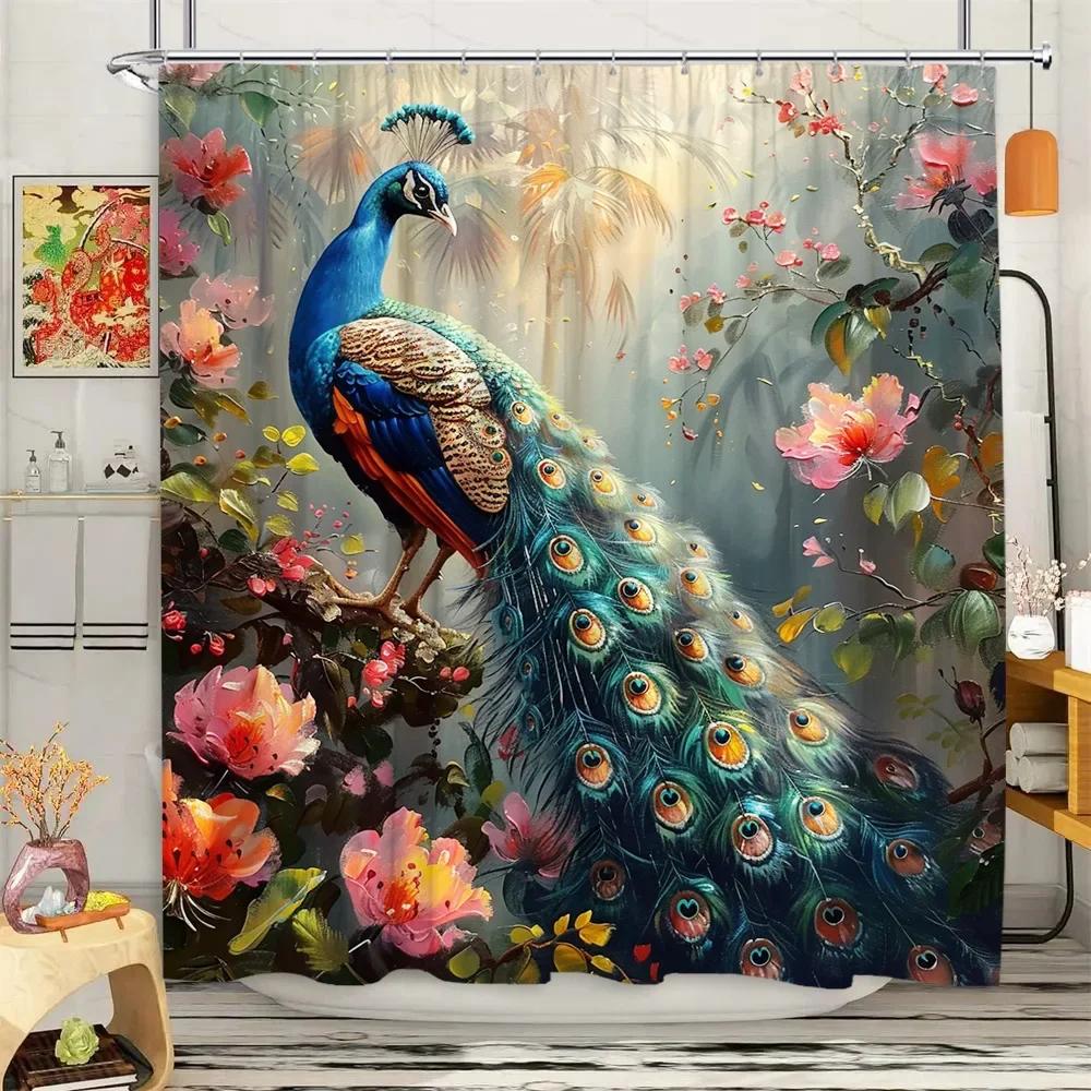 Peacock Shower Curtain Tropical Plant Flower Leaf Landscape Vintage Oil Painting Elegant Polyester Fabric Bathroom Decor Curta