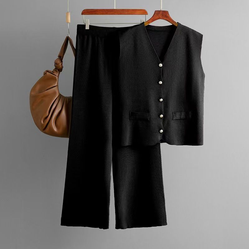 

Fashion Wind Fashion Elegant V Neck Sleeveless Knit Vest Pants Suit Knitted Vest and Pants Black One size