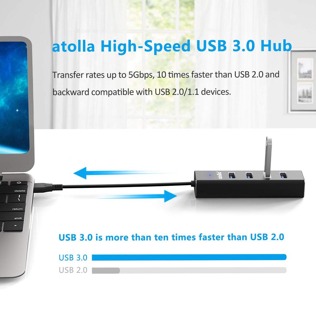 Atolla USB USB Aluminum USB Expansion 5Gbps Data Lightweight and Compatible with iPad and Work from Home Hub, 4-Port 3.0 Hub, Alloy, Hub, High-Speed