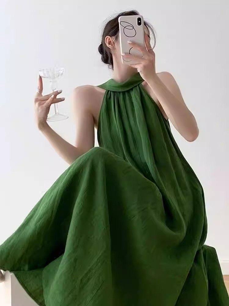 Summer French neck-hanging temperament waist lazy wind holiday dress women's new Mori white off-the-shoulder dress