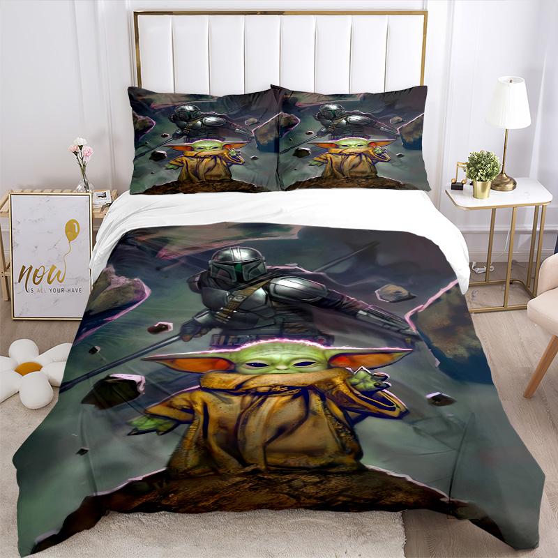 Baby Yoda Mandalorian Print 3-teiliges Bettwäsche-Set Bettbezug mit 2 Kissenbezügen Heim-Geburtstagsgeschenk