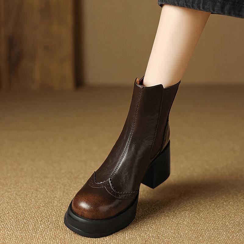 Fashion NEW Autumn Boots Women Split Leather Shoes for Women Round Toe Chunky Heel Women Shoes Black Platform Chelsea Boots Brogue Boots