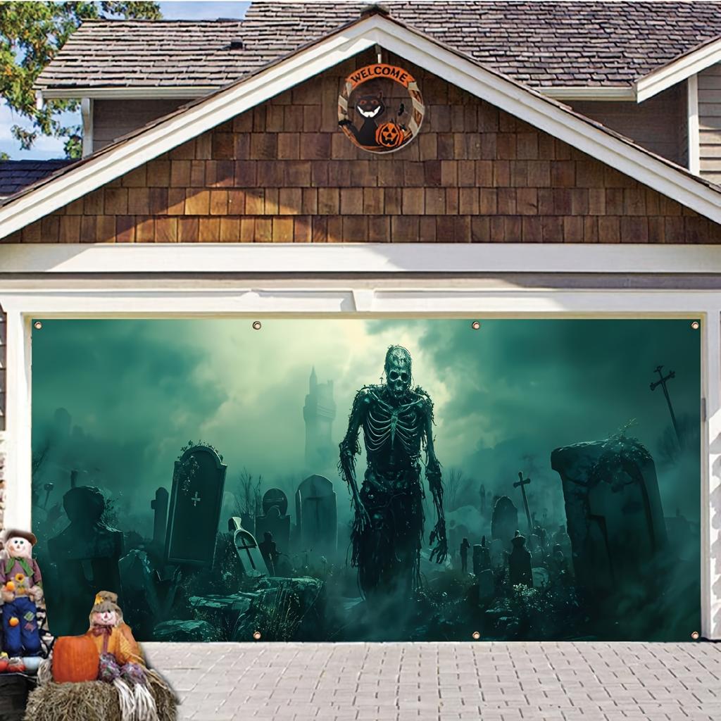 Ghostly Halloween Garage Banner - Terrifying Cemetery Skull Design, Outdoor Festival Decoration YZB