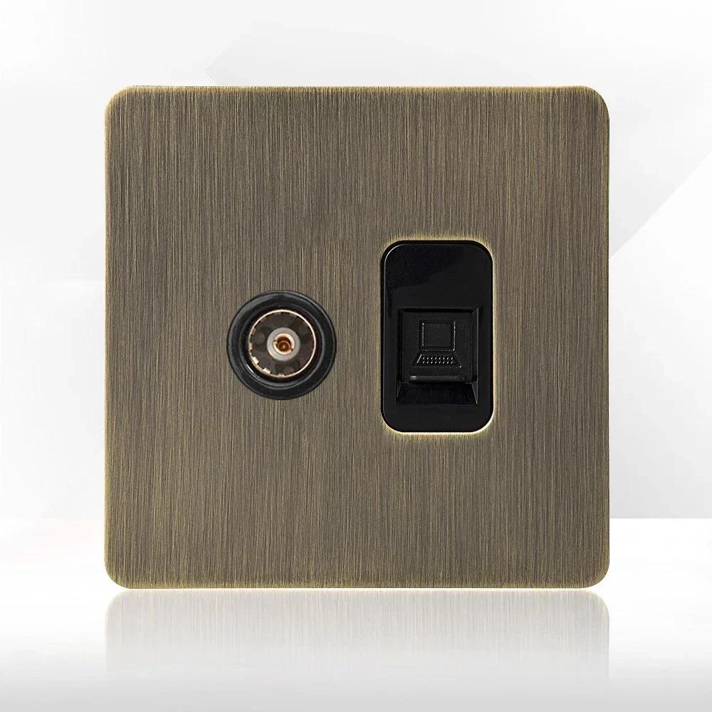 Retro Eu Metal Panel Wall Toggle Light Switch Socket,Bronzed Antique Stainless Steel German 16A Socket with USB Phone Charging