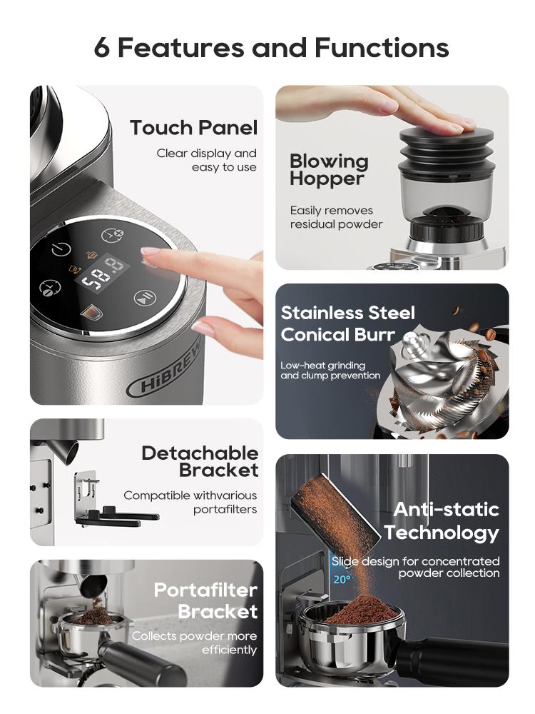 HiBREW G7 Electric Coffee Grinder, 48 Grind Settings, Anti-Static Technology, Stainless Steel Conical Burr, Compatible with 51/54/58mm Portafilters