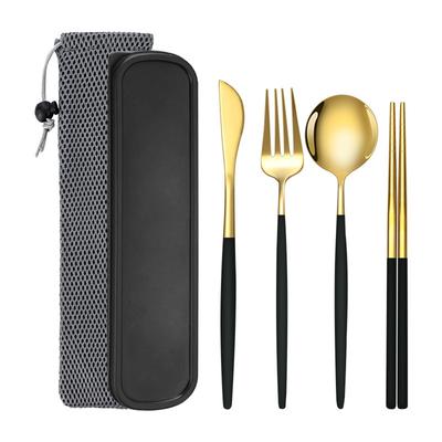 Set de 6 pièces Vaisselle Réutilisable Set de Couverts de Voyage Set d'Ustensiles de Camping avec Couteau en Acier Inoxydable Cuillère Fourchette Baguettes Étui Portable