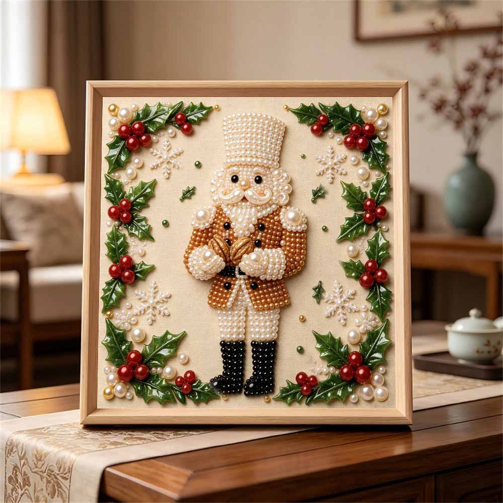 Handmade Framed Pearl Painting Set with Christmas Nutcracker and Holly Design 5D Shiny Bead Art Canvas Creative Craft for Room Decor