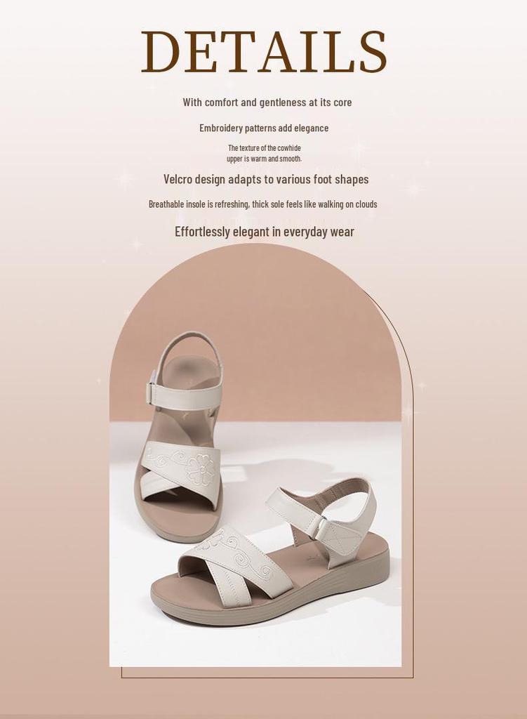 Red Dragonfly Women's Genuine Leather Outdoor Flat Sandals for Middle-Aged Mothers - 2026 Summer Collection