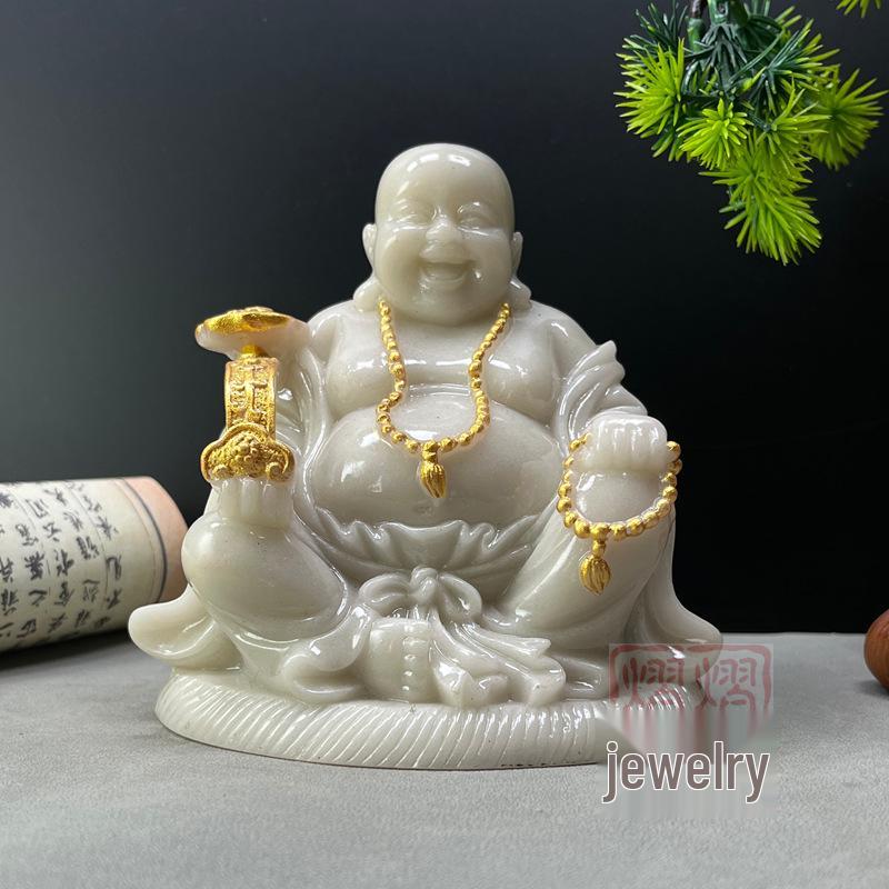 Ivory White Maitreya Laughing Buddha Tea Pet Ornament for Desktop or Car Feng Shui Decor