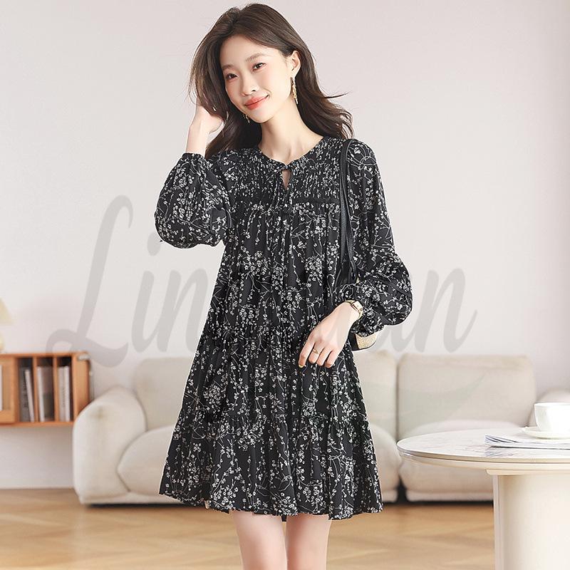 Plus Size Women s Floral Chiffon Dress: Salt-Sweet Autumn Style with Long Sleeves Medium чёрный