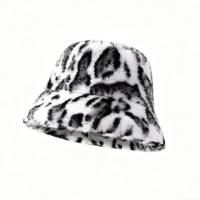 Zeyu New Fashion Leopard Print Cashmere Bucket Hat Women Winter Thick Warm Plush Fisherman Cap Casual Outdoor Party Travel Daily