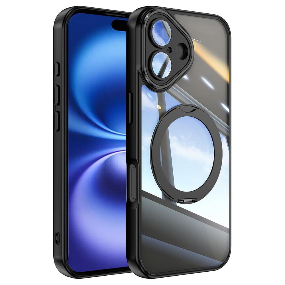 

For iPhone 16 Plus Case Rotatable Magnetic Kickstand TPU+PC Phone Cover with Lens Film Black
