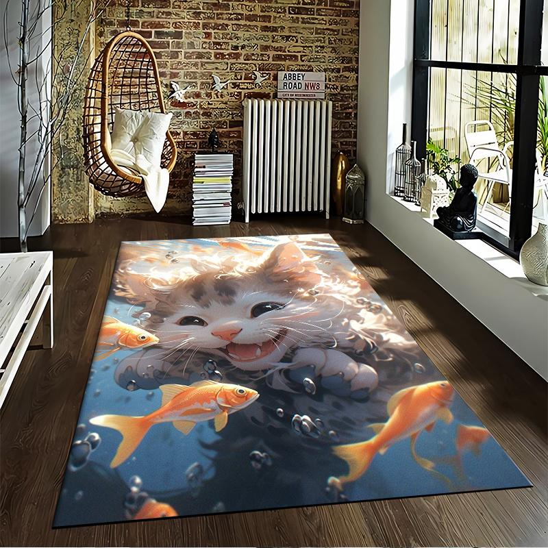 Cute Cat and Goldfish Playful Scene Printed Carpet for Home Decor Suitable for use as an anti-slip for living room bedroom sofas