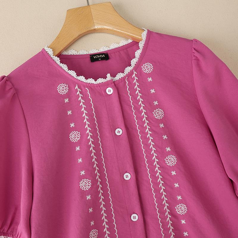 VONDA Wemen Casual Loose Round Neck Half Sleeve Lace Hem Embroidery Blouse