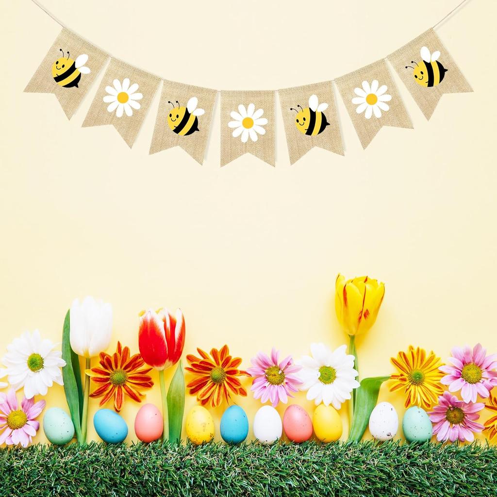 Bumble Bee Banner Burlap with Daisy Flower Bunting Happy Bee Day Decorations Garland Bumblebee Party Decorations for Baby Shower Birthday Supplies