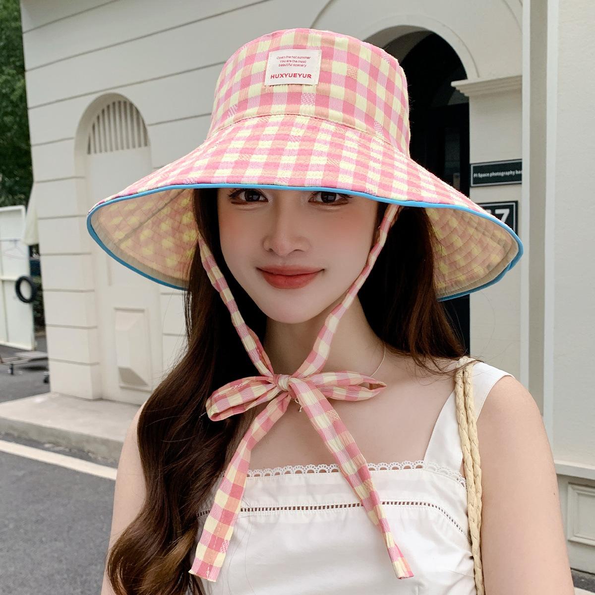 

New plaid wide-brimmed lace-up bucket hat women s summer big brim showing face small sun hat sun protection M（56-58cm） червоний