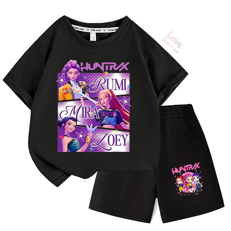 Sommer-T-Shirt-Set Kinder Oberteil Mädchen KPop Huntrx Devil Hunter Mädchengruppe Bedruckt Kurzarm Shorts Zweiteiliges Set