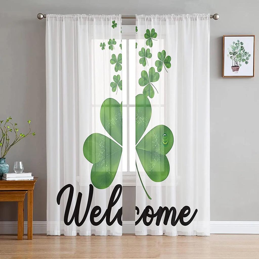 St Patrick Day Curtains Living Room Kitchen Clover Leaves Tulle Luck Wealth Irish Design Chiffon Curtain Light Filtering Polyester Area Window