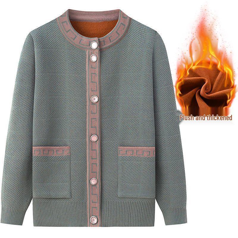 Women's Knit Cardigan with Plush Lining - Warm Autumn Coat for Middle-aged and Elderly