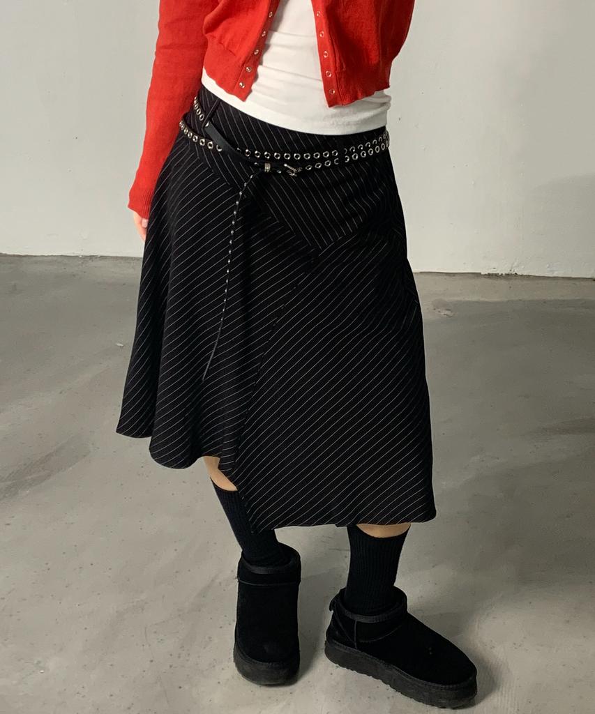 Chix Pinstripe Asymmetrical Midi Skirt Black