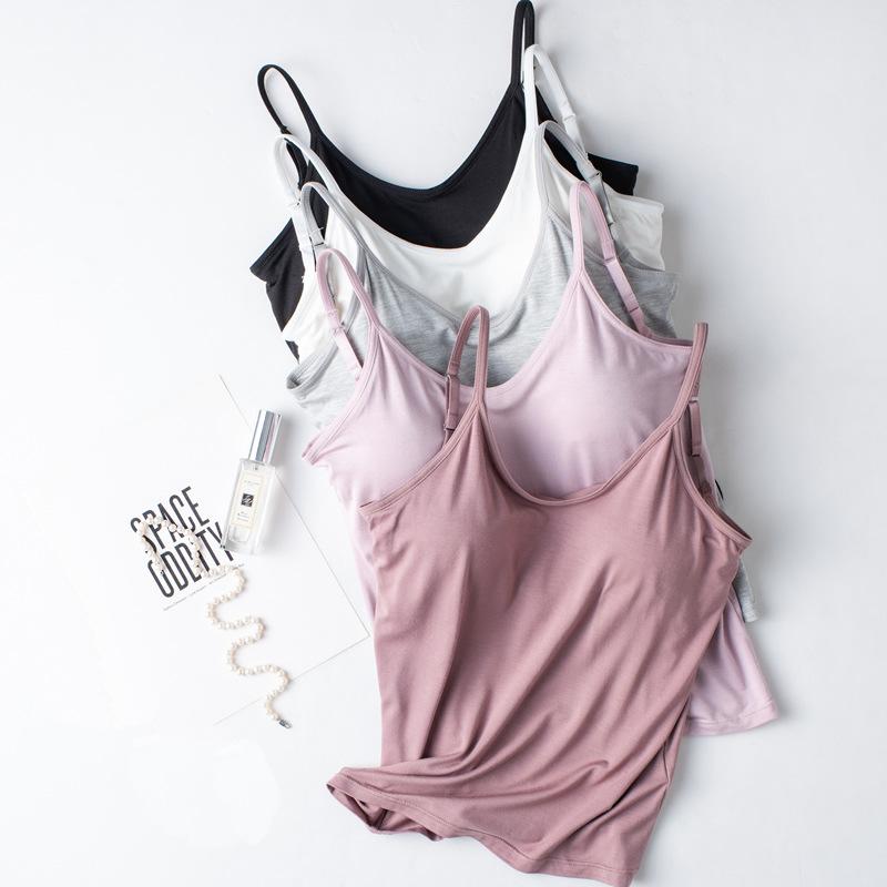 Women's Modal Camisole Tank Top with Built-in Padded Bra,Wireless Seamless Bra-T,Backless Slim Basic Undergarment Sleeveless Layering Vest