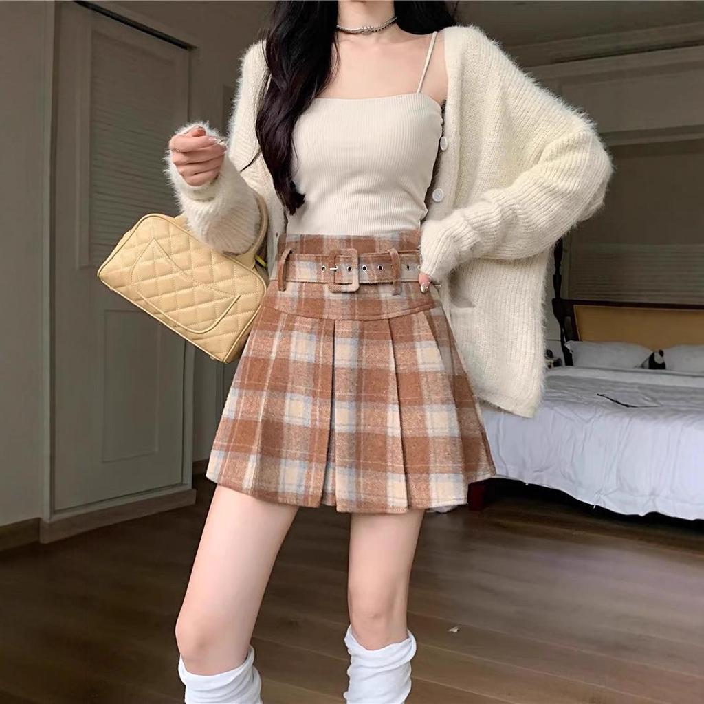 Women's High-Waisted Plaid Woolen A-Line Pleated Skirt with Belt - 2025 Autumn/Winter Collection