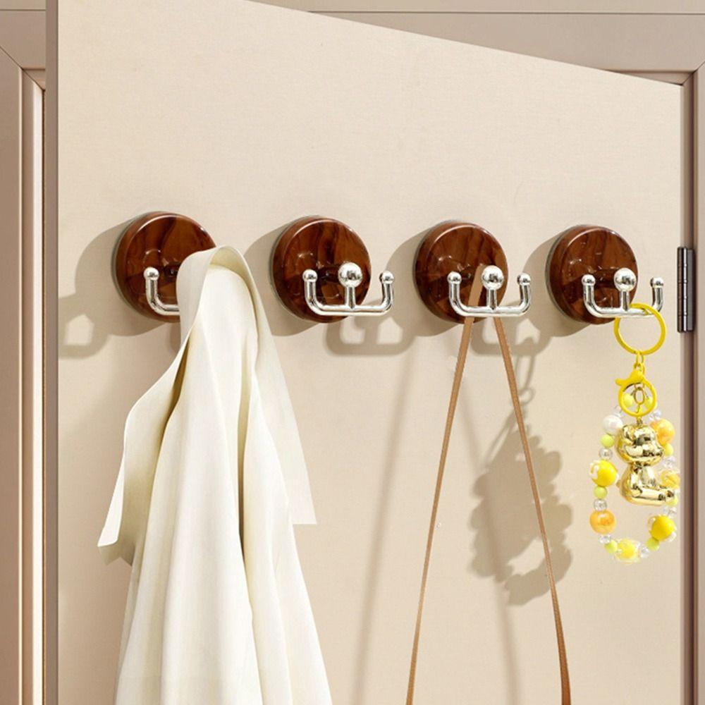 2pcs Durable Wood Grain Suction Cup Hook No Drill Reusable Double Hooks Space Saving Organizer Clothes Hook Household