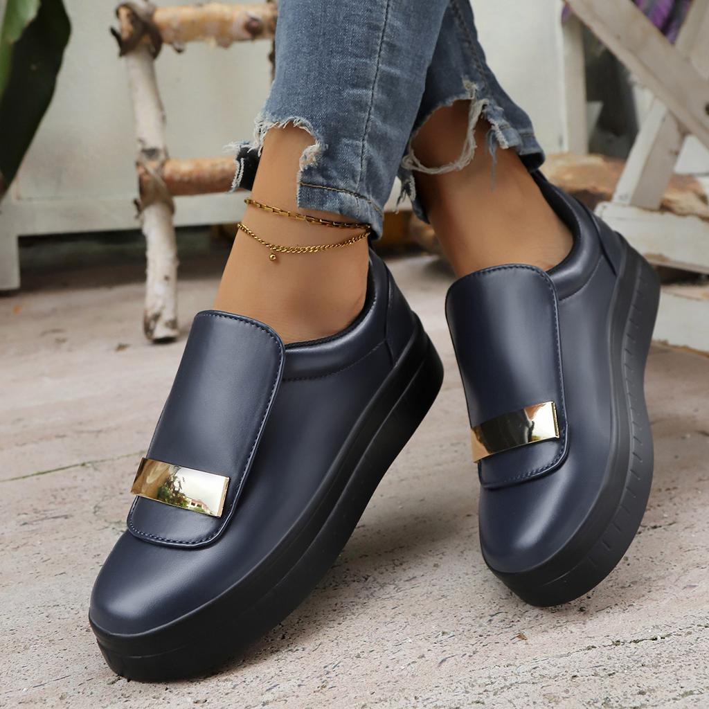 2025 Women's Chunky-Soled Round-Toe Solid-Color Low-Cut Metal Buckle Flats
