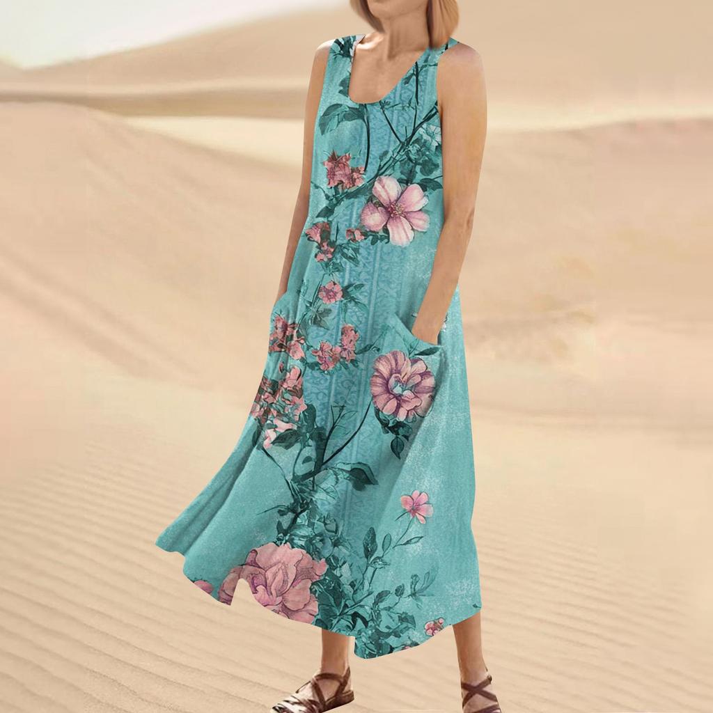 Women's Summer Casual Fashion Flower Printed Sleeveless Round Neck Pocket Dress
