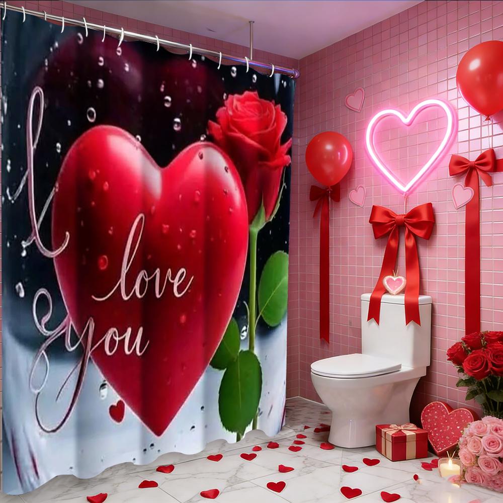 Valentine's Day Love Heart Rose Shower Curtain, Bathroom Shower Waterproof Curtain with 12 Hooks, Fish Shaped Home Decoration