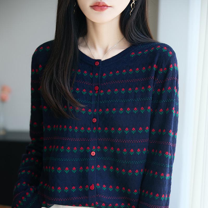 

Trendy Early Autumn Sweet Floral Striped Knit Cardigan Pullover Sweater L [110-130]