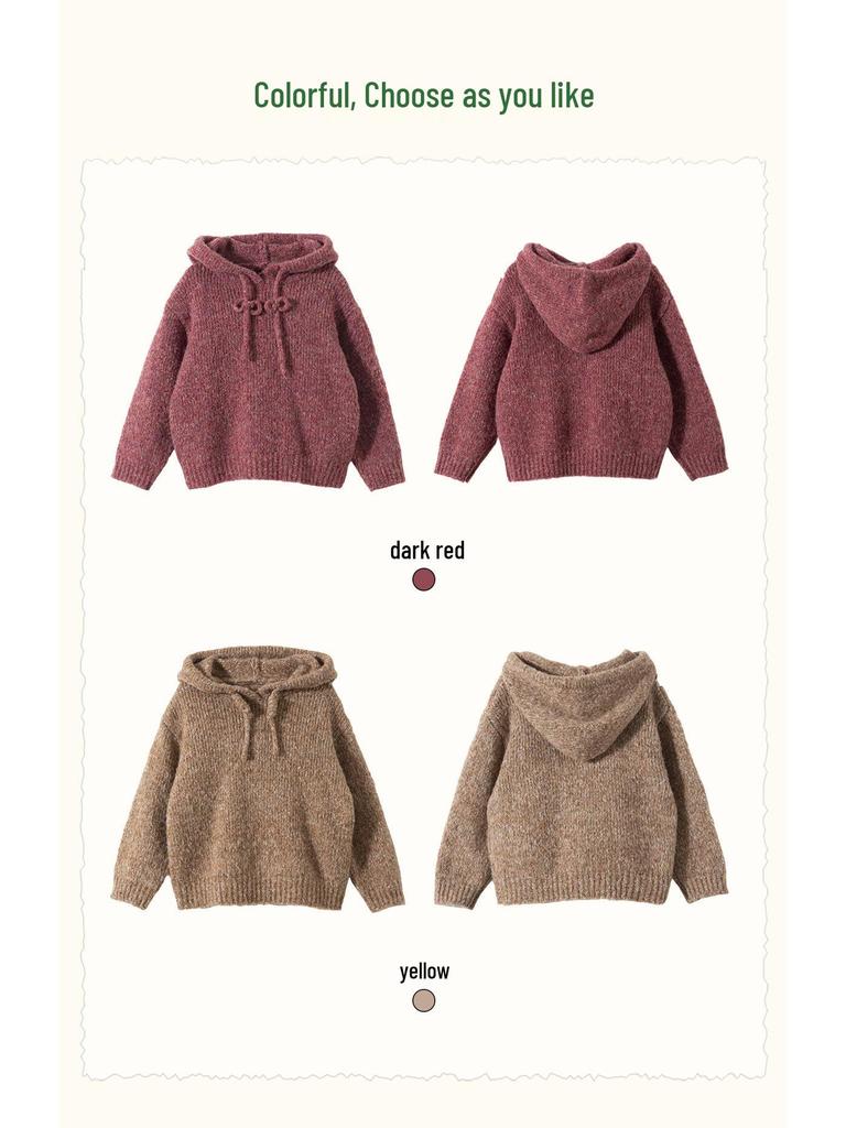 Pulover cu glugă de iarnă pentru fete 2025, culoare solidă - Cardigan tricotat din amestec de bumbac și lână