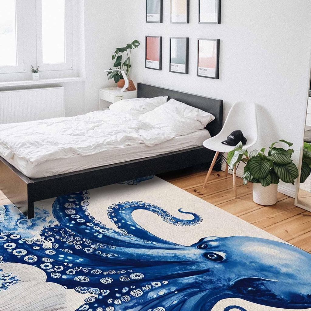 Marine Animal Washable Area Rugs Octopus Coral Shell Linen Texture Non Slip Rugs for Living Room Bedroom, Low Pile Floor Mat