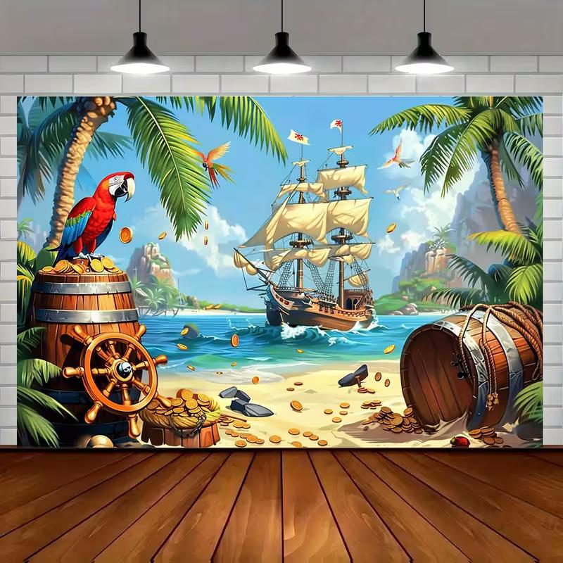 Caribbean Pirate Backdrop - Tropical Beach Ship, Parrot & Treasure Background