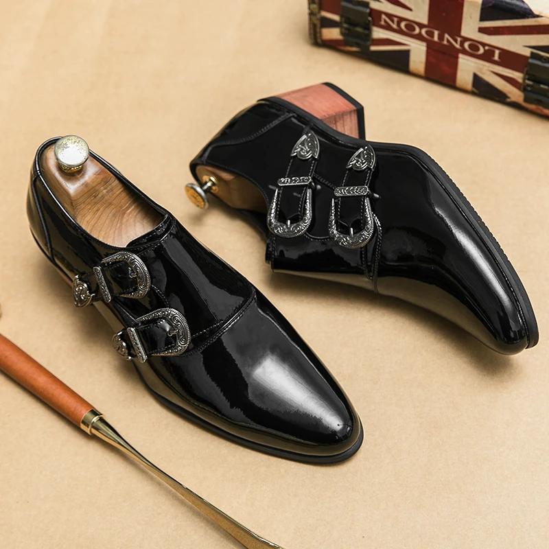 

Модные новые черные лакированные кожаные деловые мужские туфли с двойной пряжкой, на толстом каблуке, деловые мужские туфли ручной работы 46 чёрный
