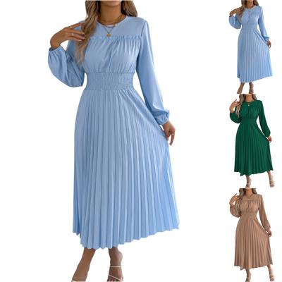Women's Casual  Round Neck Ear-rimmed Long Sleeve Tight Waist Pleated Dress