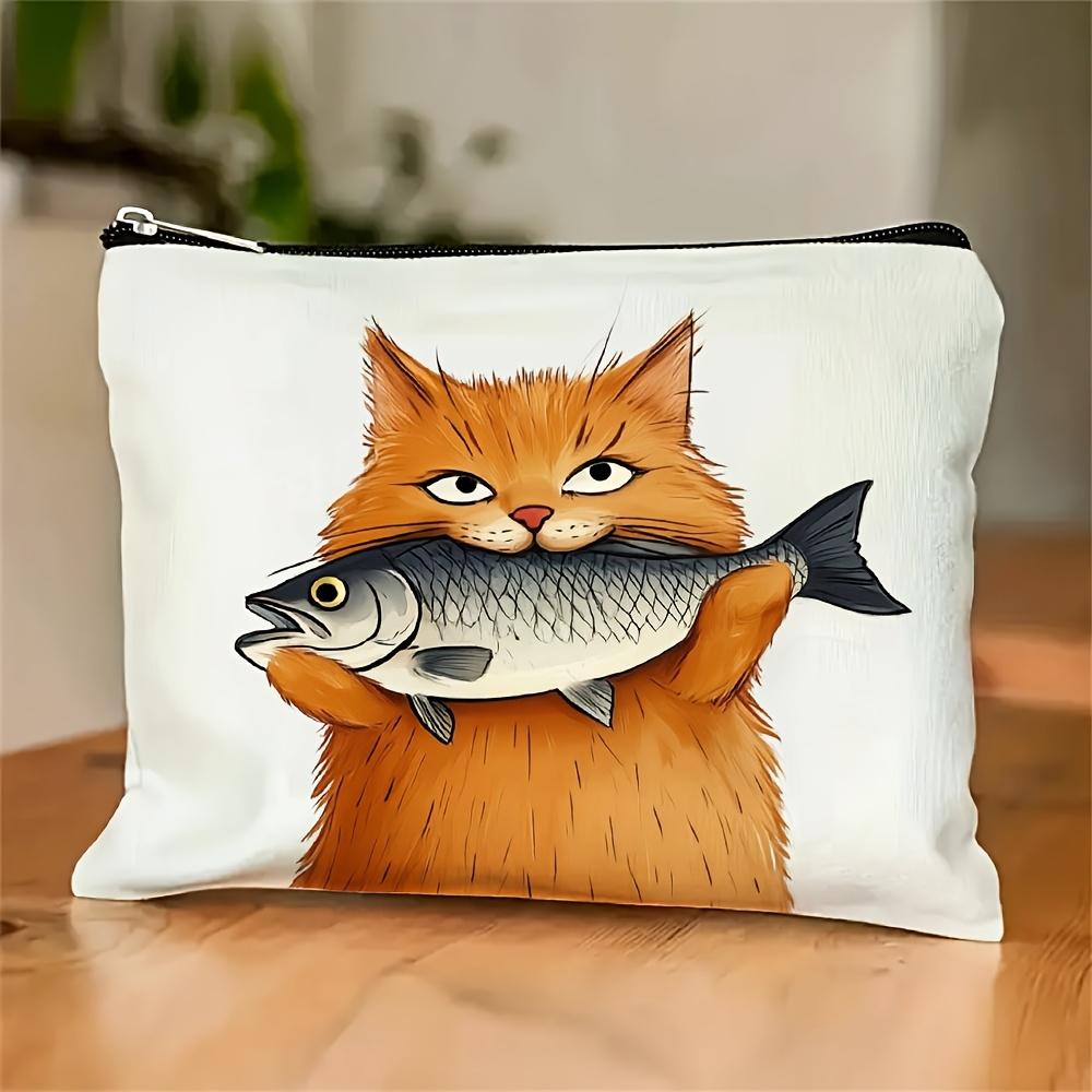 

A Cat Fishing Print Makeup Bag- Multifunctional Zipper Pouch, Jewelry Storage Bag, Perfect Travel Zipper Small Storage Bag.