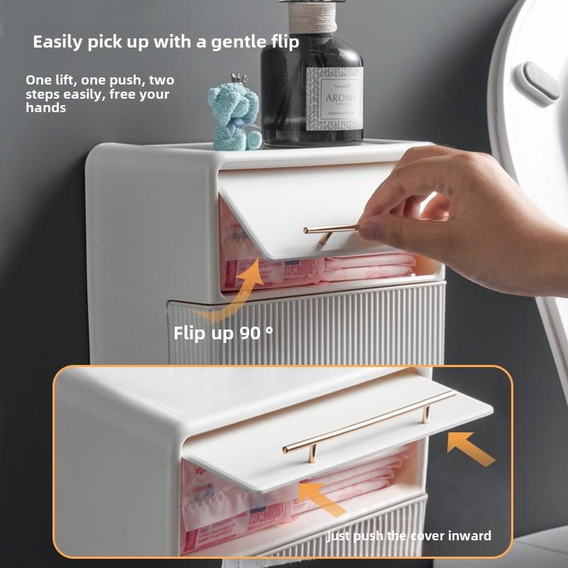 Toilet Tissue Box Double-layer Wall Mounted Waterproof Toilet Paper Box No Punching Square Paper Drawer Storage Bathroom Shel