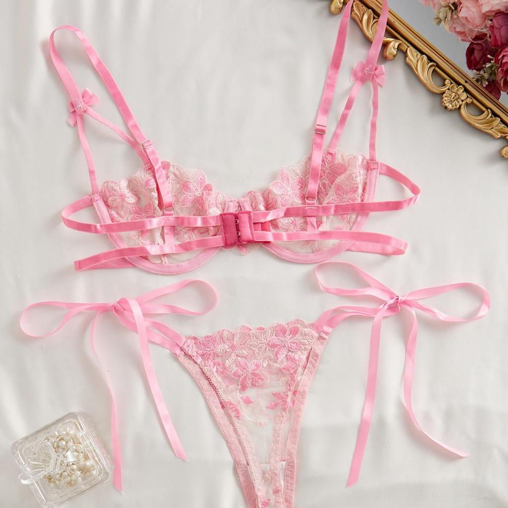 Autumn Bow Sling Floral Embroidered Lingerie Set - See-through Temptation