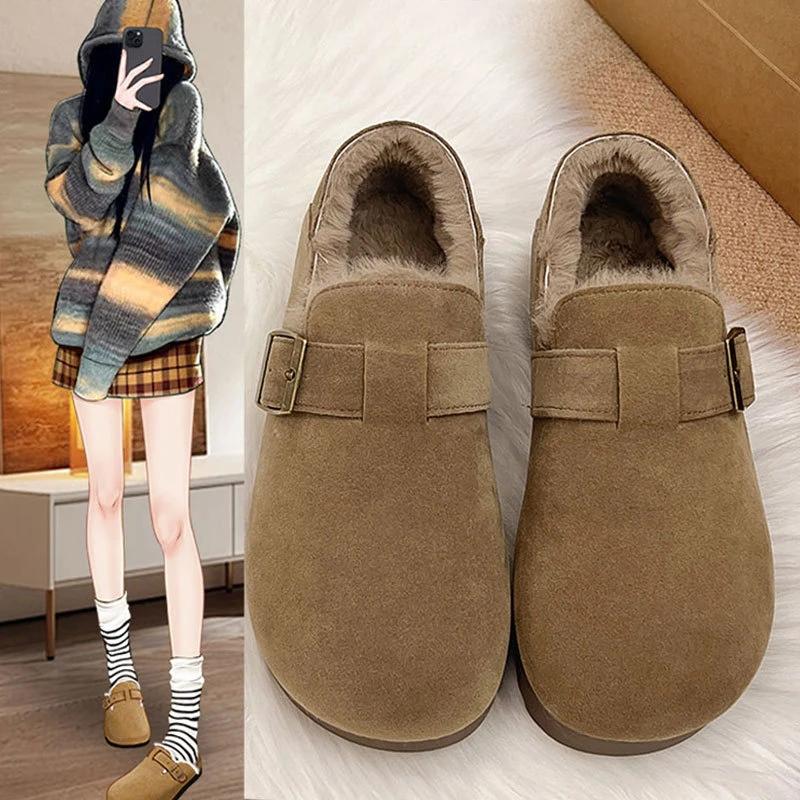 Vintage Flat Boots Women's Winter Warm Cotton Shoes Soft Bottom Slip-on Shoes Thickened Brogues Women Shoes