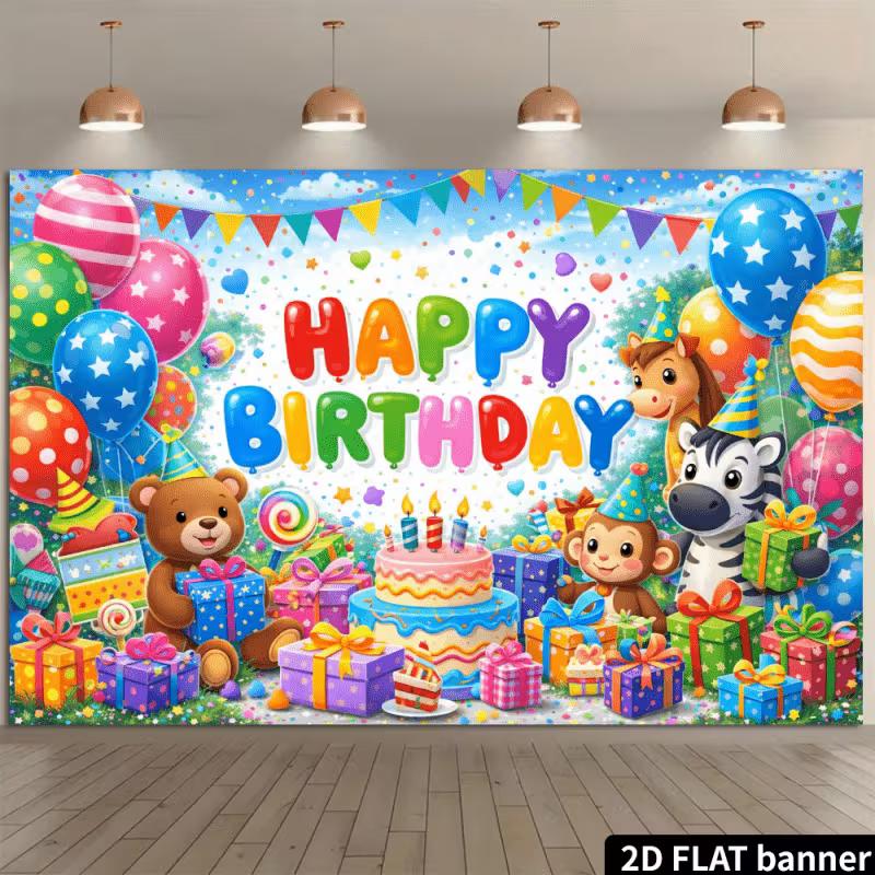 

2D Cartoon Animal Birthday Banner Backdrop Kids Bright Colorful Happy Birthday Party Decor Background 47.2x31.5inch/120*80cm