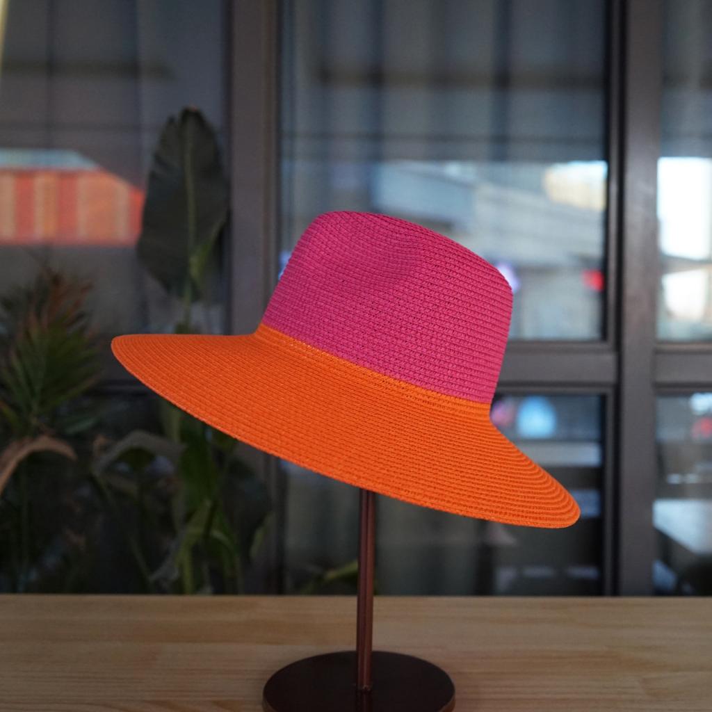 European And American Contrasting Colors Rose Red Splicing Orange Flat Top Top Top Hat Women'S Summer Vacation Beach Seaside Straw Hat Wide Brim Retro
