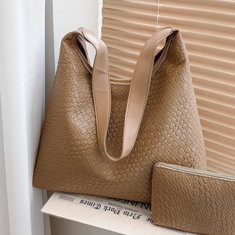 Women Retro Woven Pattern Hobo Bag, Soft PU Large Shoulder Tote Bag, Everyday Casual Handbag with Matching Mini Pouch for Work Travel