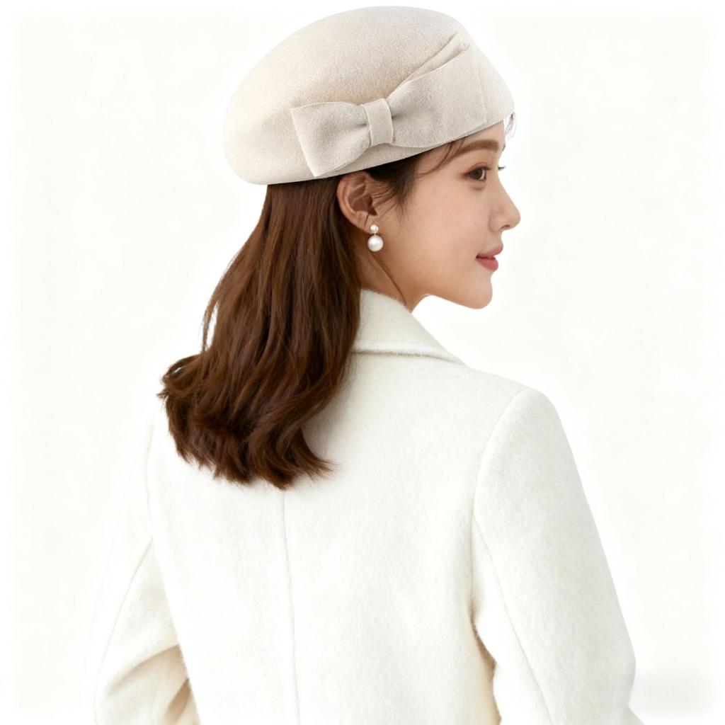 Kleiner frischer dreidimensionaler Schleifen-Woll-Barett~ Herbst- und Winter-Damen-High-End-Filz-Zylinder