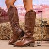 Fashion Women's Retro Western Embroidered Cowboy Boots Round Toe Chunky Heel Knee High Boots Woman Autumn Winter PU Leather Long Botas