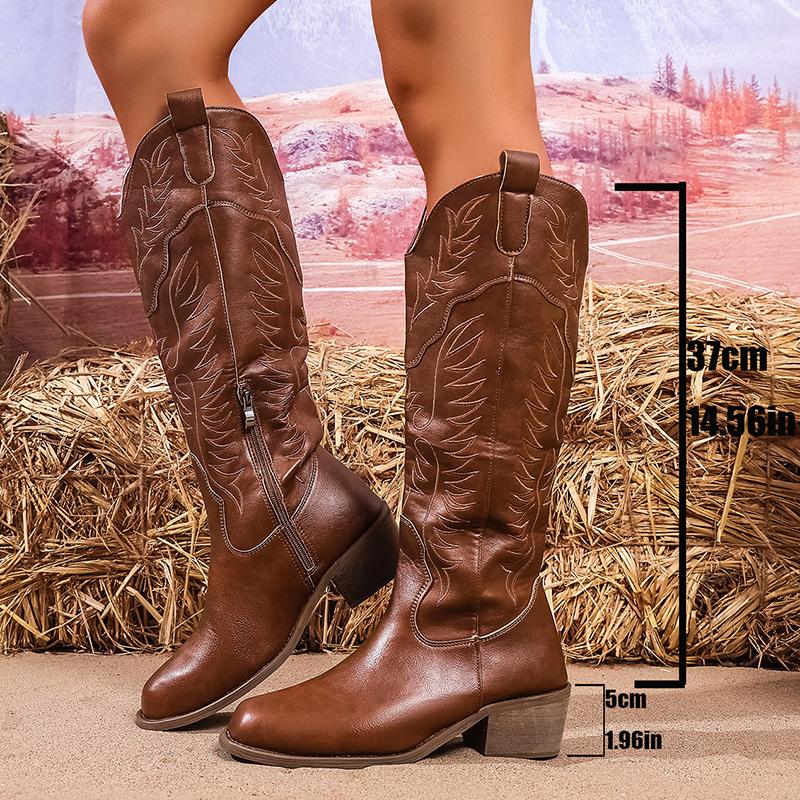 Fashion Women's Retro Western Embroidered Cowboy Boots Round Toe Chunky Heel Knee High Boots Woman Autumn Winter PU Leather Long Botas