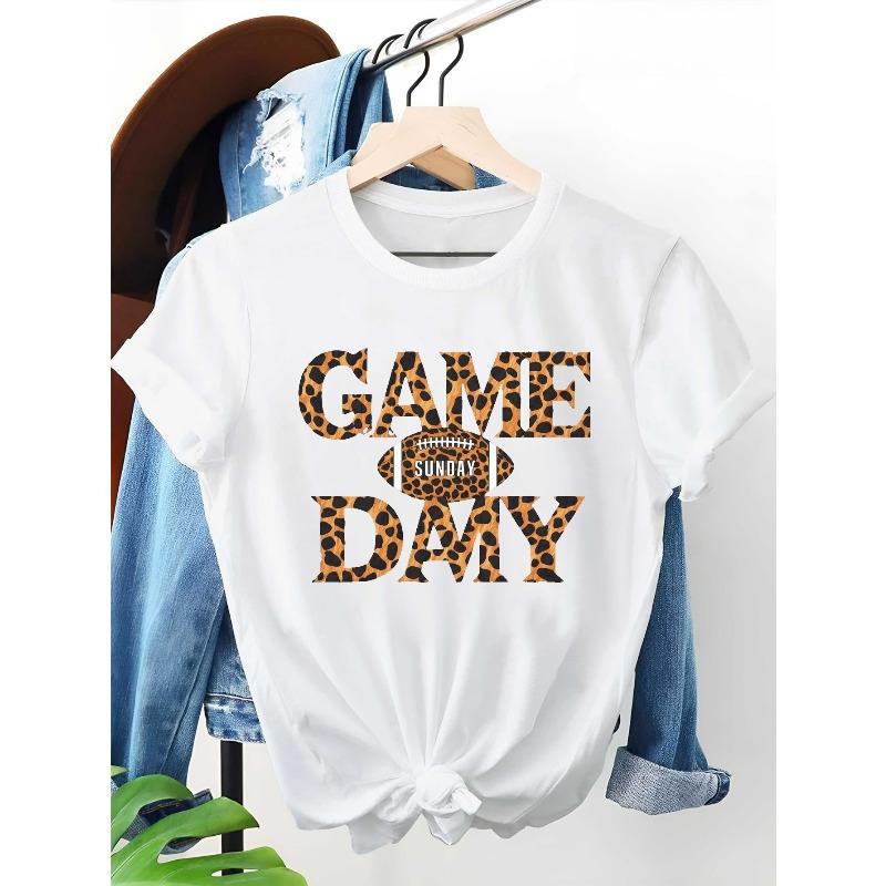 Женская футболка европейского размера - Черная с золотым леопардовым принтом, Наряд для фаната американского футбола с изображением мяча и слоганом GAME DAY , Повседневная футболка с круглым вырезом S белый