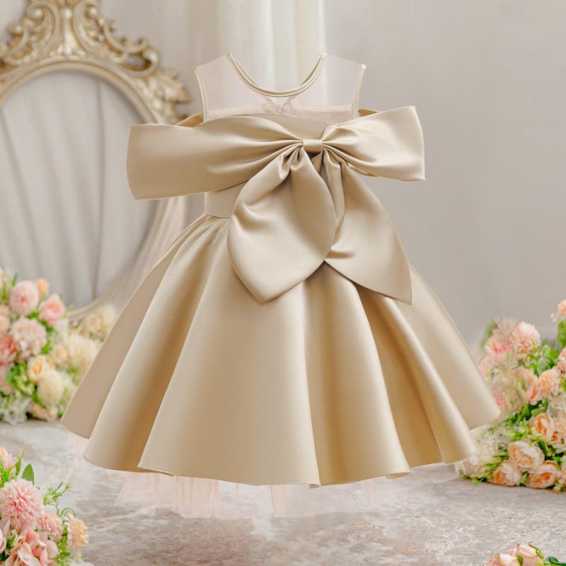 Vestido de Princesa de Satén Champagne para Niñas Vestido de Fiesta de Cumpleaños