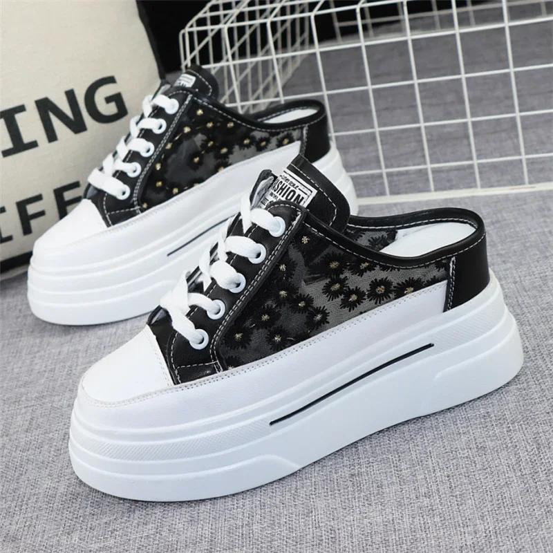 Fashion Baotou Semi-slippers Women's Summer New Outer Wear Embroidery Mesh Breathable Slip-on  Increase 8cm Sandals Sneakers